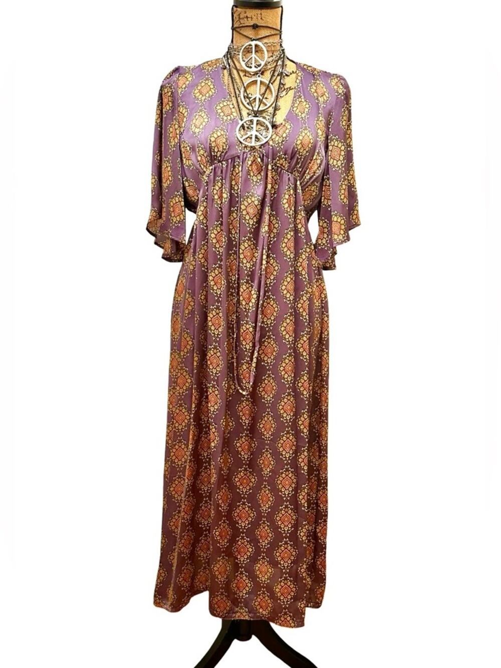 GLAM Purple Maxi Satin style Dress with Orange-Gold Medallion Print - SIZE M